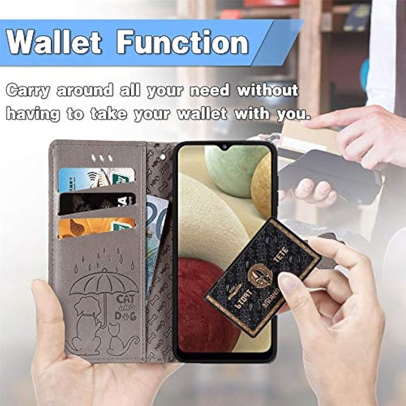 Samsung Galaxy A12 Cartoon Girl Wallet Case,CCSmall Cat Flip Phone Cover with Card Holder Wrist Strap & Screen Protector Kickstand PU Leather Cases for Samsung Galaxy A12 MG (Grey) - Image 5